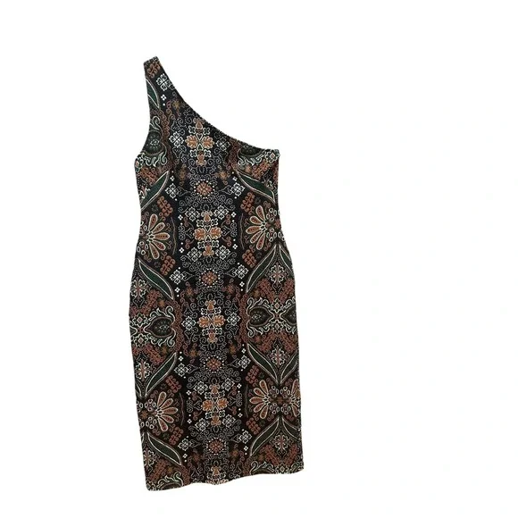 Anthropologie One Shoulder Jacquard Textured Midi Cocktail Dress Neutral Size M - Picture 4 of 9